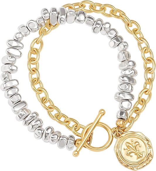 18K Gold Chain Layerd Bracelet Coin Charm Toggle Bracelet Trendy Cubic Zirconia Jewelry - WORLD TIME VISITS