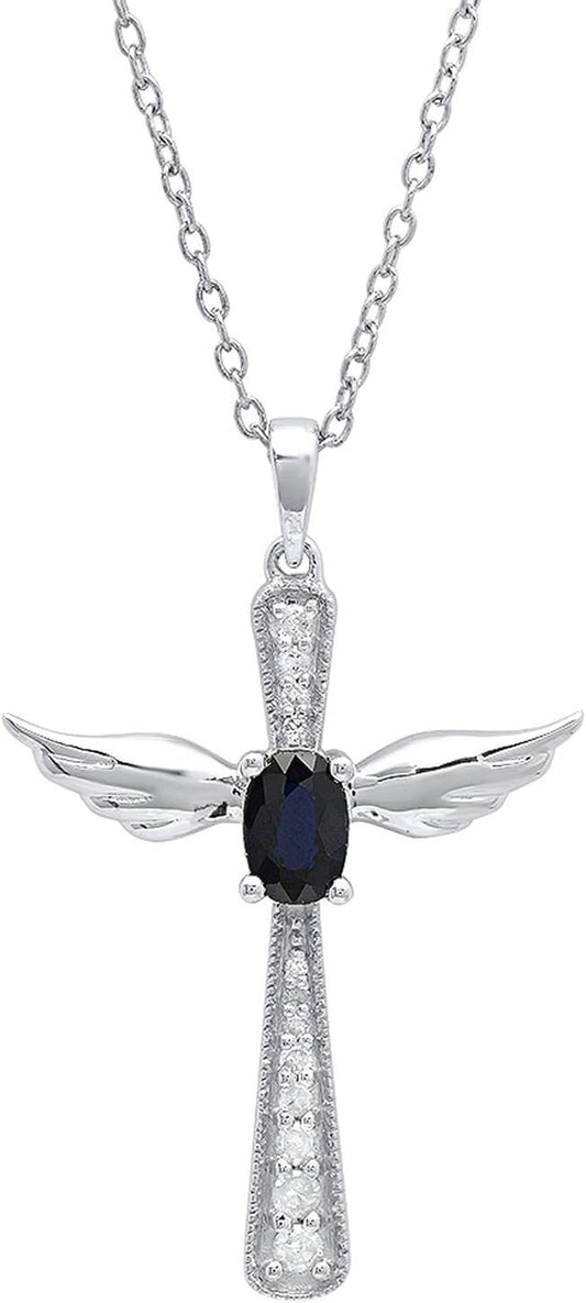6X4 MM Oval Gemstone & round Diamond Angel Cross Pendant (Silver Chain Included), Sterling Silver