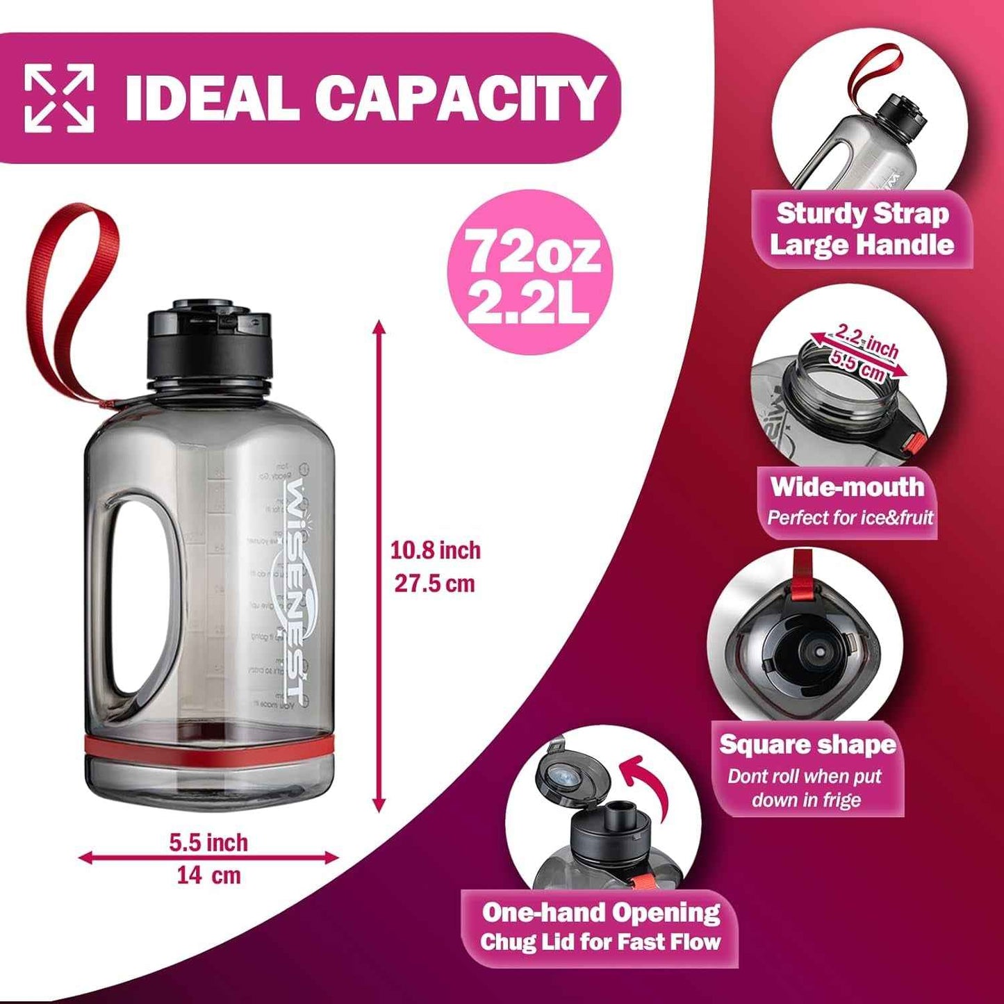 Half Gallon Water Bottles - Leakproof Large Bpa-Free Water Jug - Motivational Water Bottle with Time Marker, Wide-Mouth for Sports Gym Travel Men Women (2.2L, Black, 72 Ounce)