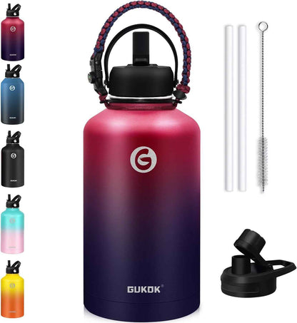 64 Oz Insulated Water Bottle with Straw & Paracord Handles & 2 Lids, Leak Proof Metal Water Jug, Hot Cold Stainless Steel Thermal Water Bottles, Half Gallon Large Water Flask for Sports, Gym