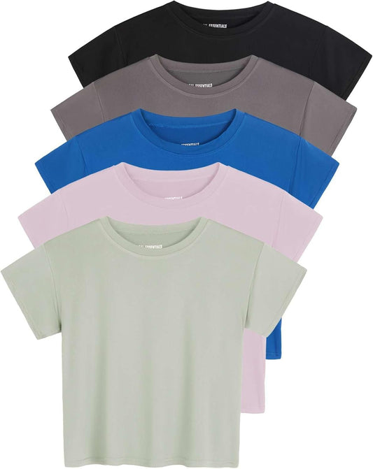 5 Pack: Women'S Dry Fit Crop Top - Short Sleeve Crew Neck Stretch Athletic Tee (Available in plus Size)