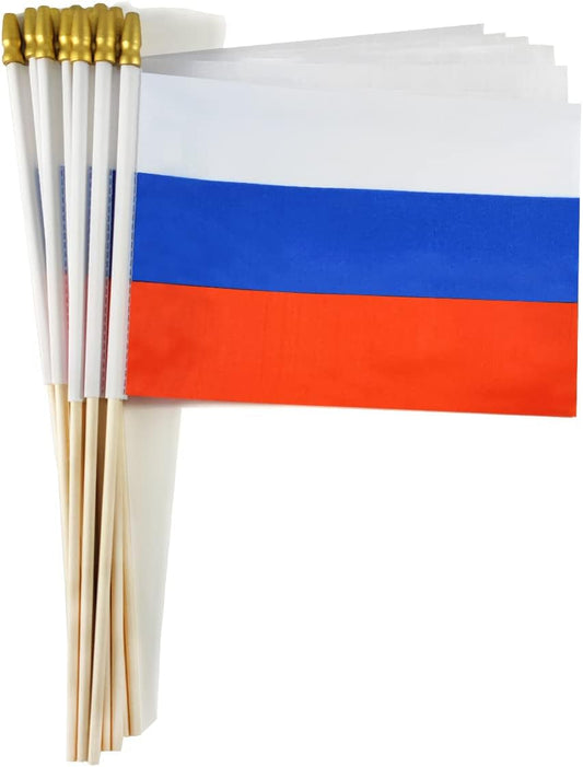 Russia Small Flag Russian Stick Mini Hand Held Flags - Solid Wooden Pole with Spear Top, 12 Pack