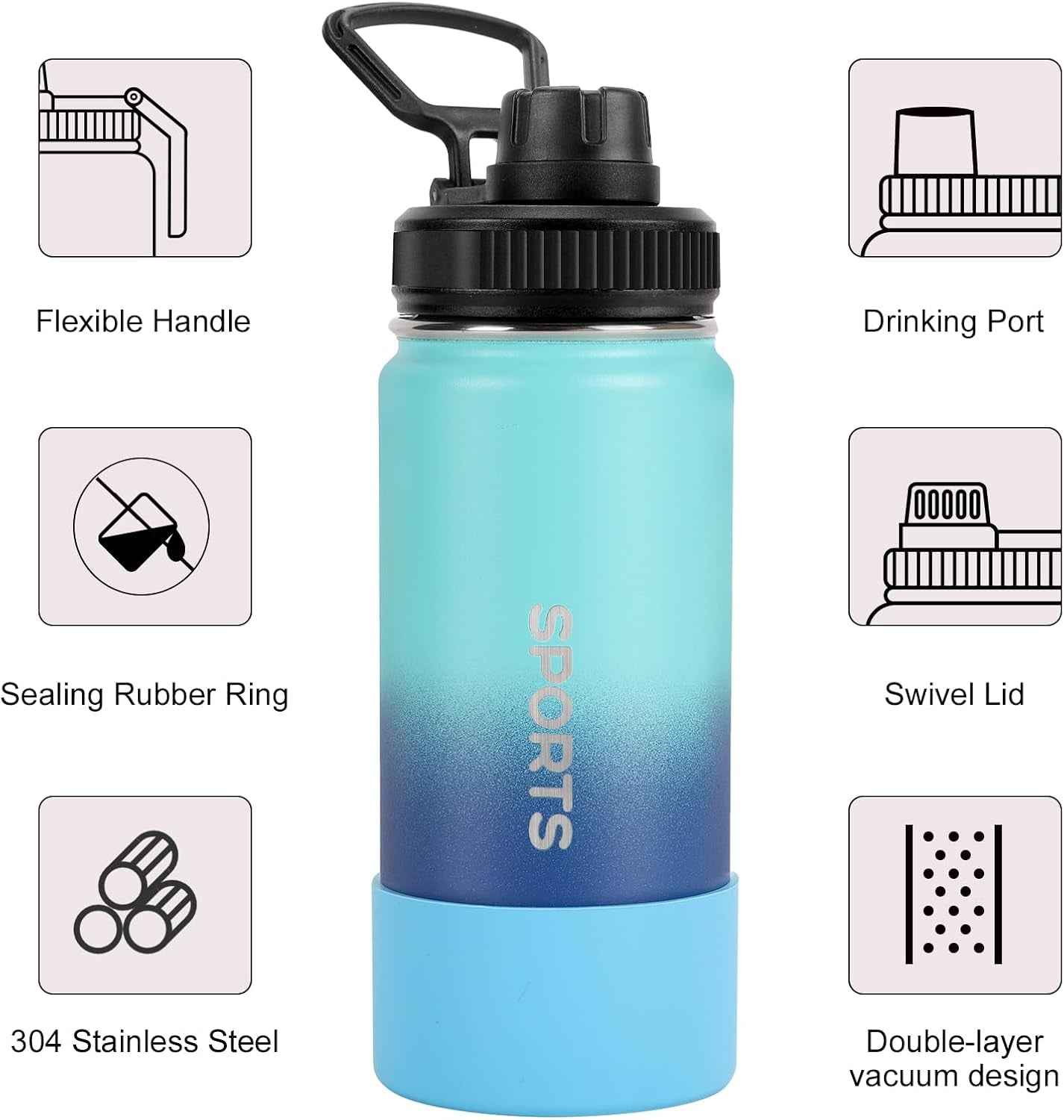 16Oz Water Bottle 2 Pack, Sport Drinking Bottles Stainless Steel Leak Proof, Double Walled Vacuum Insulated Tumbler, Metal Gym Travel Mug Togo, Insulated Cup for Men, Women, Kids (Gradient)