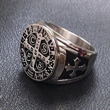 St. Benedict's Exorcism Cross Ring in Stainless Steel: A Fusion of Faith, Protection, and Style - An Exquisite Accessory for the Modern Spiritual Enthusiast