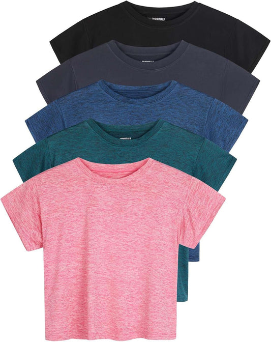 5 Pack: Women'S Dry Fit Crop Top - Short Sleeve Crew Neck Stretch Athletic Tee (Available in plus Size)