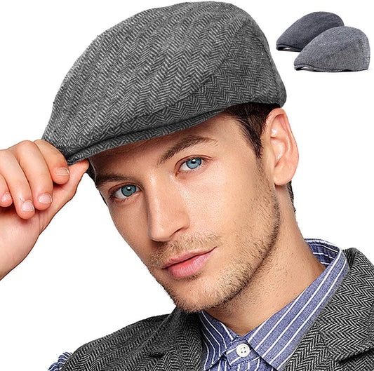 2Pack Adjustable Newsboy Hats for Men Flat Cap Irish Cabbie Wool Blend Tweed