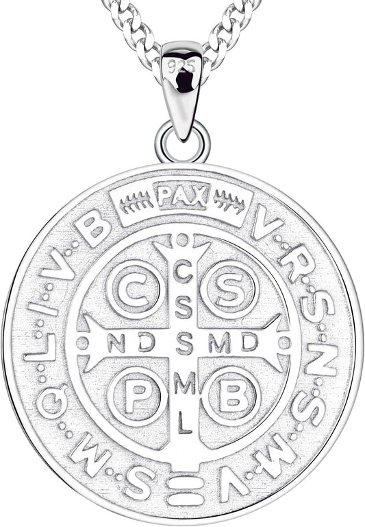 Saint Benedict Necklace 925 Sterling Silver Patron Saint Benedict Medal Pendant Amulet Protection Religious Jewelry for Men Women