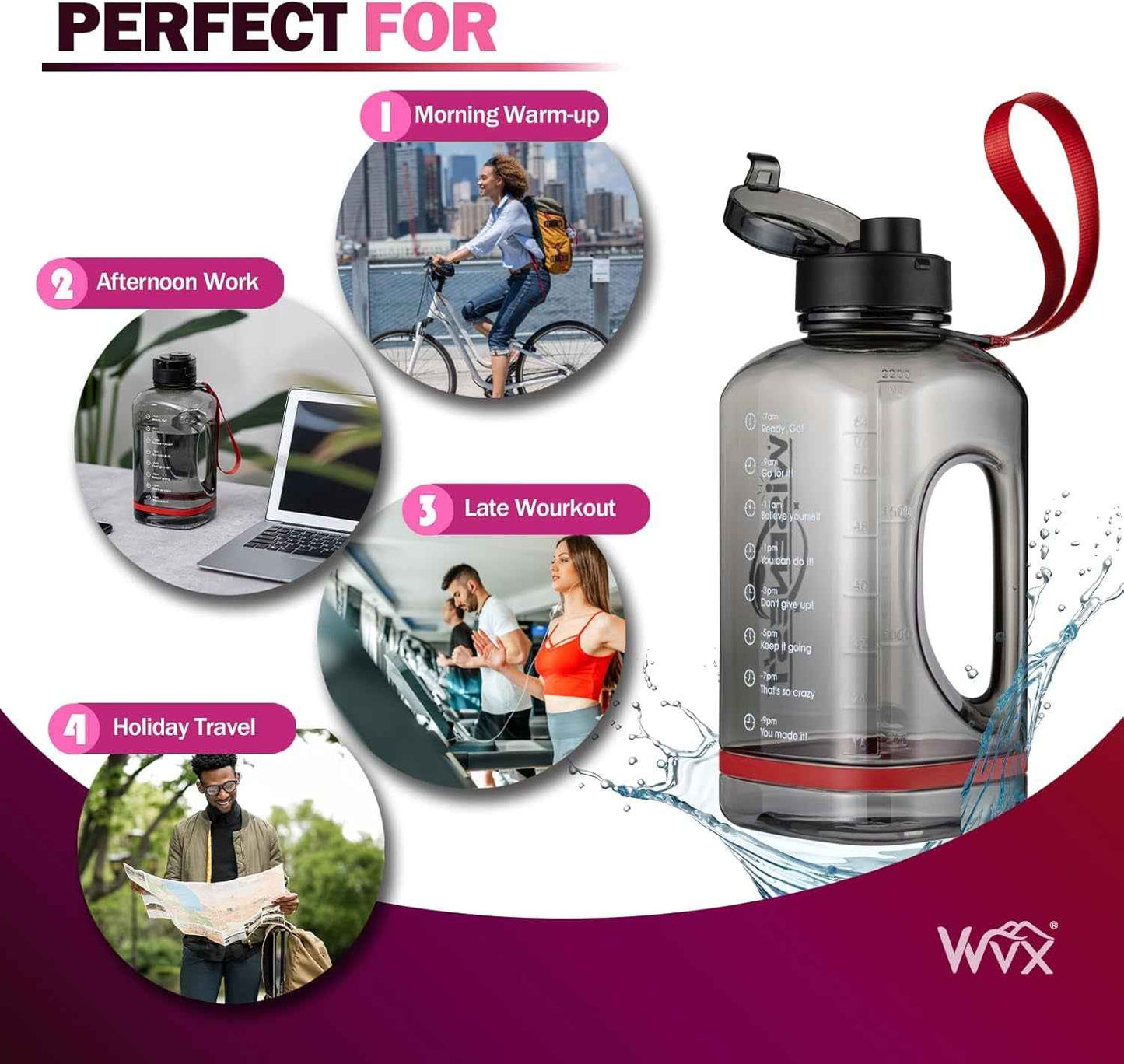 Half Gallon Water Bottles - Leakproof Large Bpa-Free Water Jug - Motivational Water Bottle with Time Marker, Wide-Mouth for Sports Gym Travel Men Women (2.2L, Black, 72 Ounce)