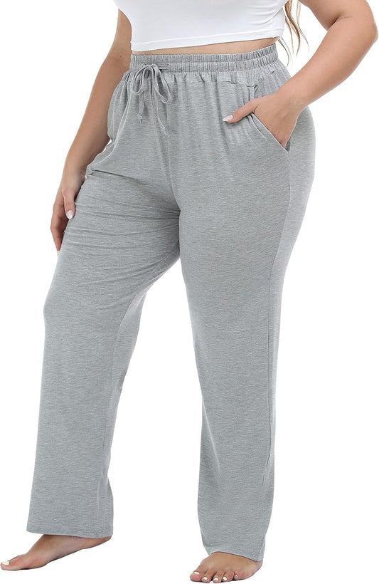 Women'S plus Size Comfy Lounge Pants Active Yoga Sweatpants Casual Stretchy Jogger Pants with Pockets Drawstring - WORLD TIME VISITS