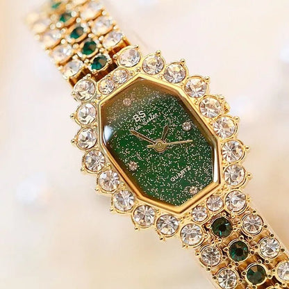 BS Brand Fashion Watches Women Ladies Diamonds Small Bracelet Watch Green Stone Gold Waterproof Montre femme - WORLD TIME VISITS