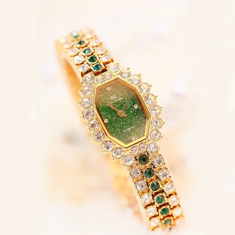 BS Brand Fashion Watches Women Ladies Diamonds Small Bracelet Watch Green Stone Gold Waterproof Montre femme - WORLD TIME VISITS