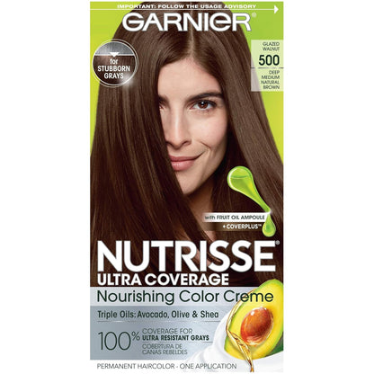 Hair Color Nutrisse Ultra Coverage Nourishing Creme, 500 Deep Medium Natural Brown (Glazed Walnut) Permanent Hair Dye, 1 Count (Packaging May Vary)