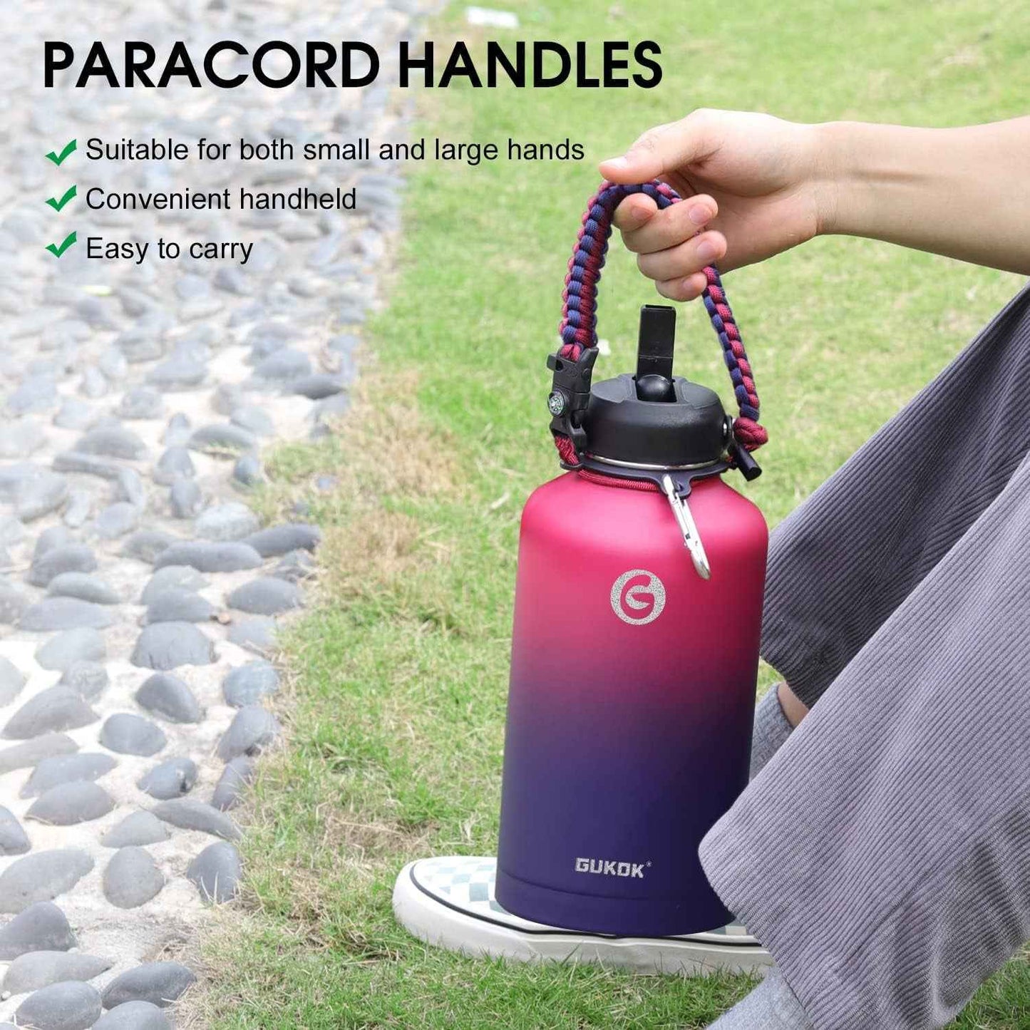 64 Oz Insulated Water Bottle with Straw & Paracord Handles & 2 Lids, Leak Proof Metal Water Jug, Hot Cold Stainless Steel Thermal Water Bottles, Half Gallon Large Water Flask for Sports, Gym