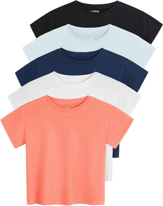 5 Pack: Women'S Dry Fit Crop Top - Short Sleeve Crew Neck Stretch Athletic Tee (Available in plus Size)