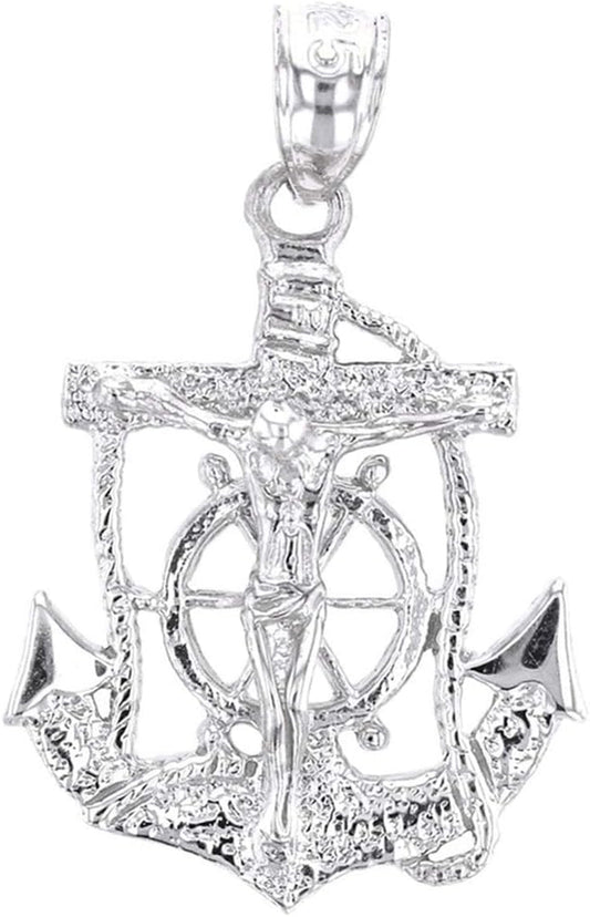 Religious Jewelry Solid Sterling Silver Mariners Anchor Crucifix Pendant