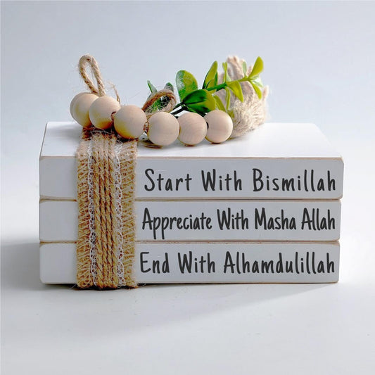 Farmhouse Ramadan Decoration Eid Ramadan Mubarak Farmhouse Mini Book Stack, Start with Bismillah End with Alhamdulillah, Muslim Tier Tray Table Decor - WORLD TIME VISITS
