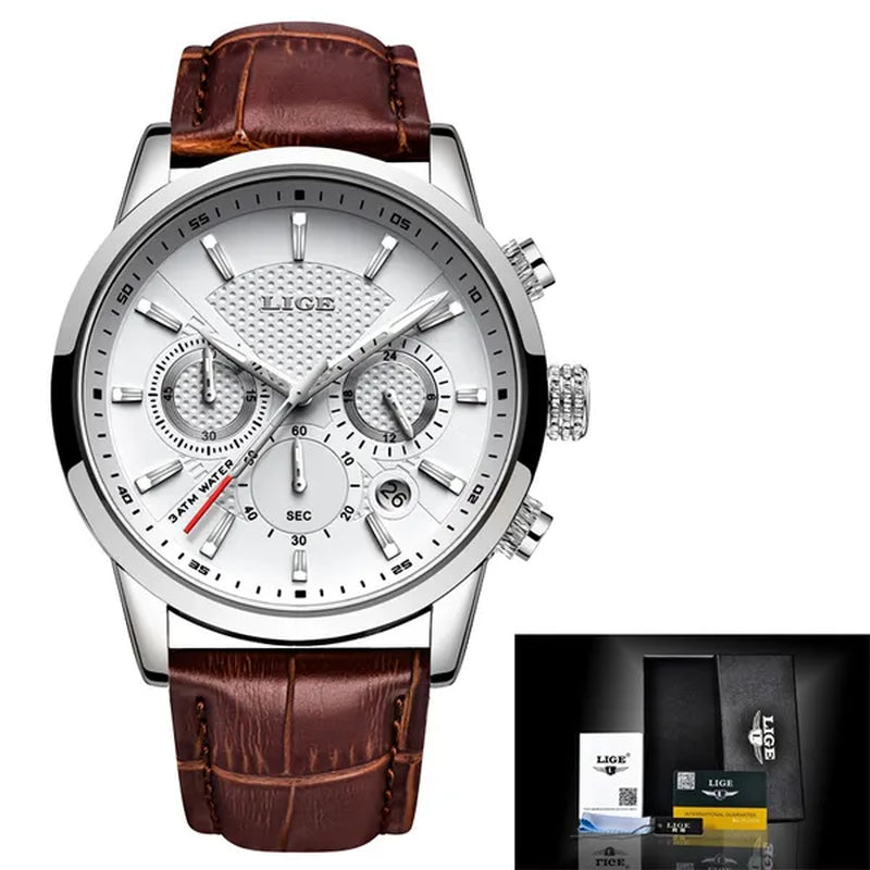 2019 LIGE New Fashion Gift Men Watch Leather Analog Quartz watches  Waterproof Chronograph Watch Sport Date Watch