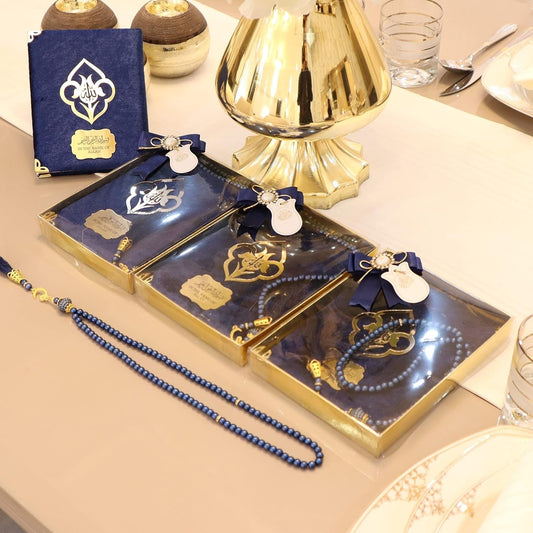 IEF Pack of 5 Personalized Velvet Yaseen Dua Book Prayer Beads Islamic Party Favor Gift, Decorated Navy Blue Pearl Prayer Bead Muslim Gift Set for Ramadan Eid Hajj Umrah Wedding Baby Shower - WORLD TIME VISITS